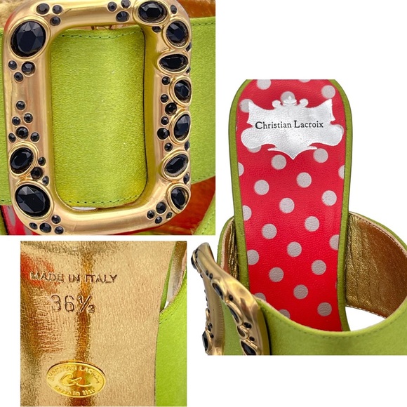 CHRISTIAN LACROIX ⚜️RARE NWT Green Satin Mule Stilettos Jeweled Gold Buckle 36.5 - Picture 14 of 15